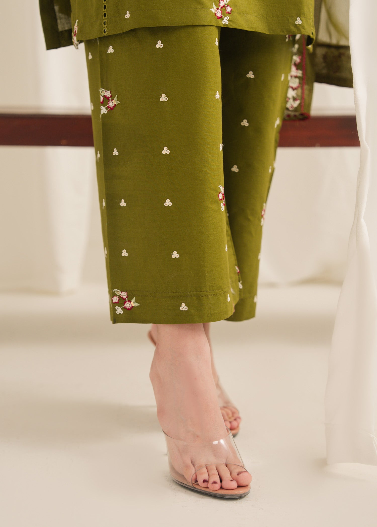 Anarkali Embroidered 3PC | Olive Green Festive Lawn Set with Chiffon Dupatta
