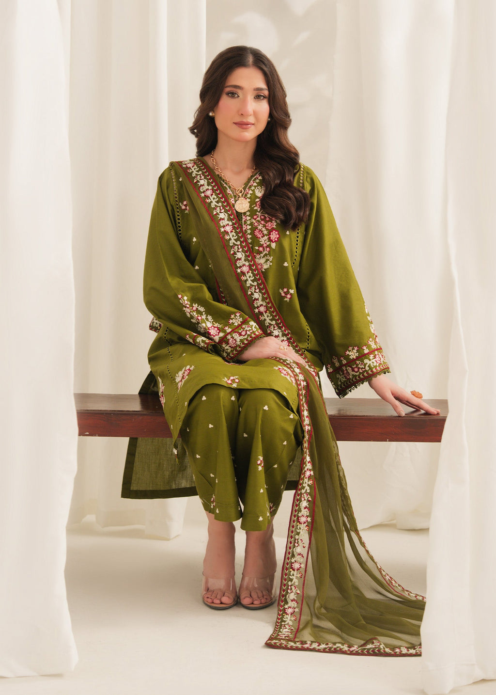 Anarkali Embroidered 3PC | Olive Green Festive Lawn Set with Chiffon Dupatta
