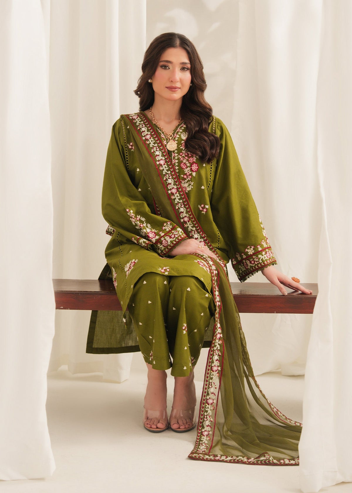 Anarkali Embroidered 3PC | Olive Green Festive Lawn Set with Chiffon Dupatta