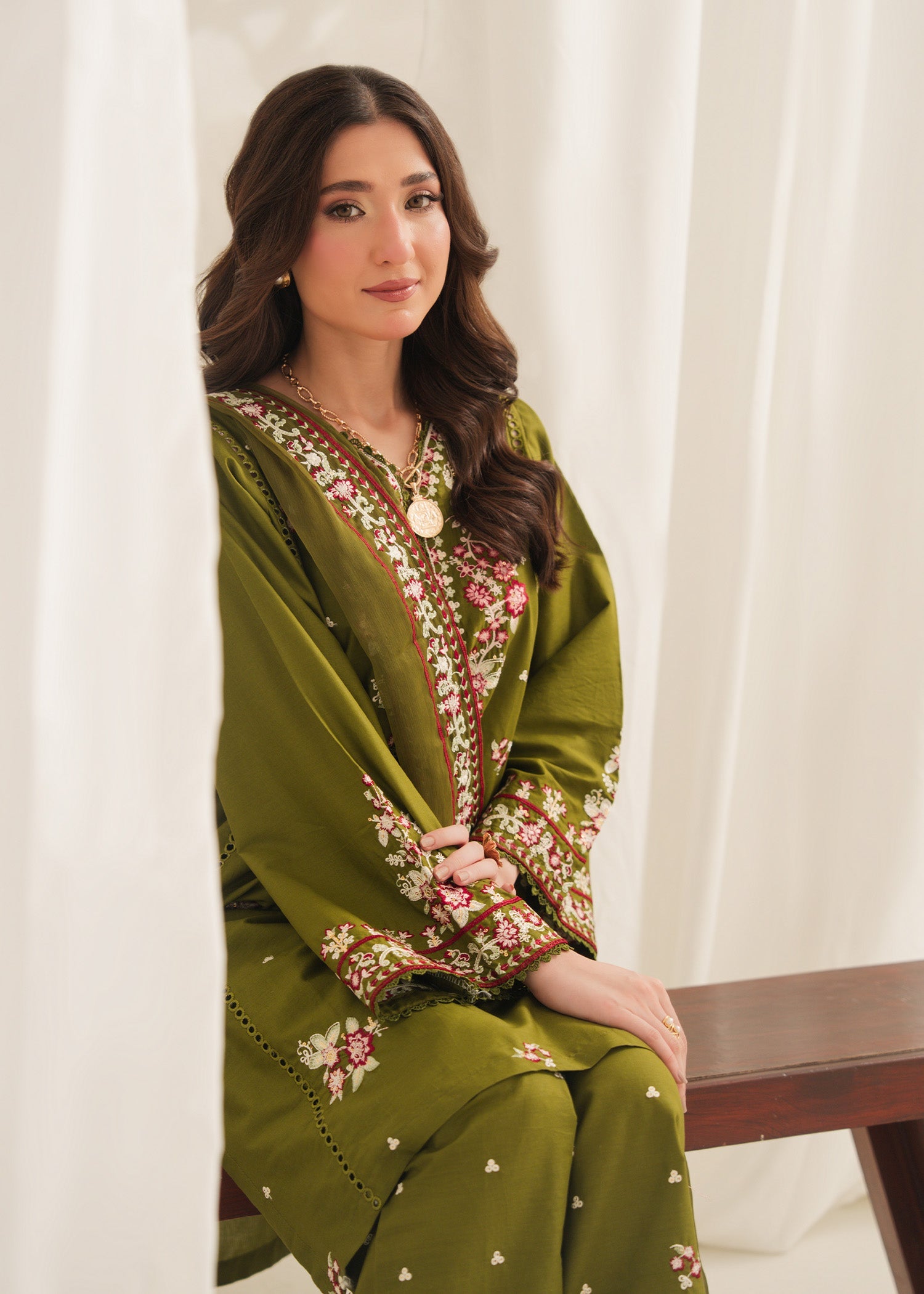 Anarkali Embroidered 3PC | Olive Green Festive Lawn Set with Chiffon Dupatta