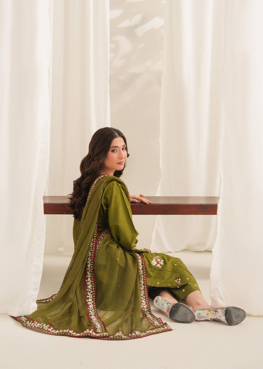 Anarkali Embroidered 3PC | Olive Green Festive Lawn Set with Chiffon Dupatta