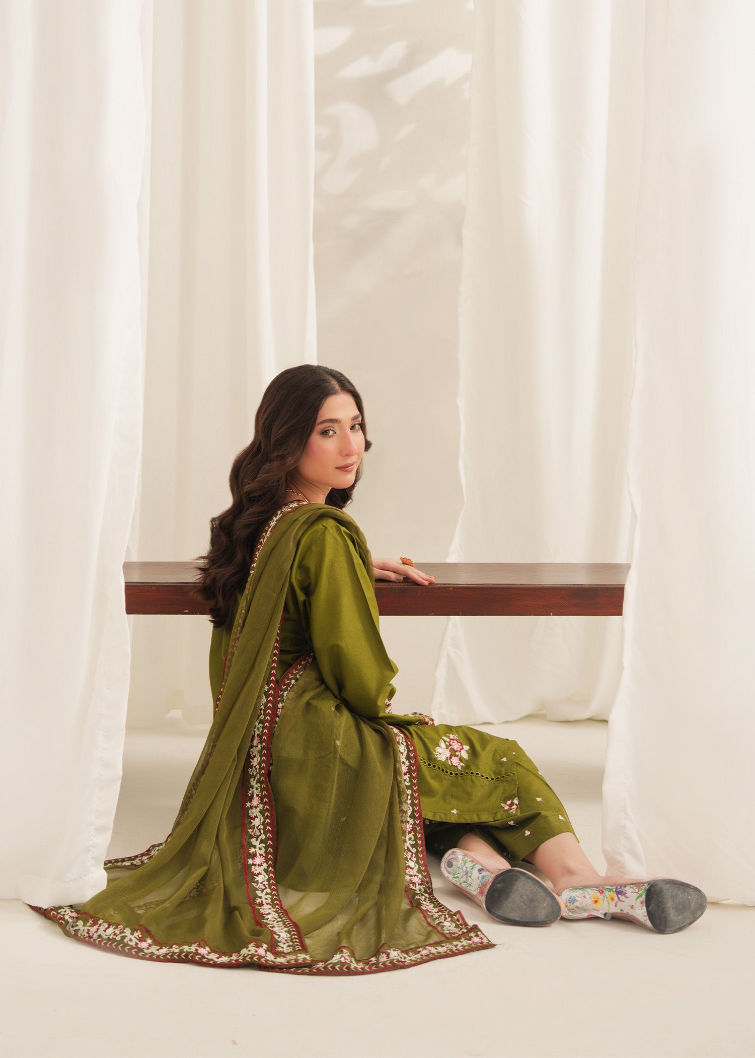 Anarkali Embroidered 3PC | Olive Green Festive Lawn Set with Chiffon Dupatta