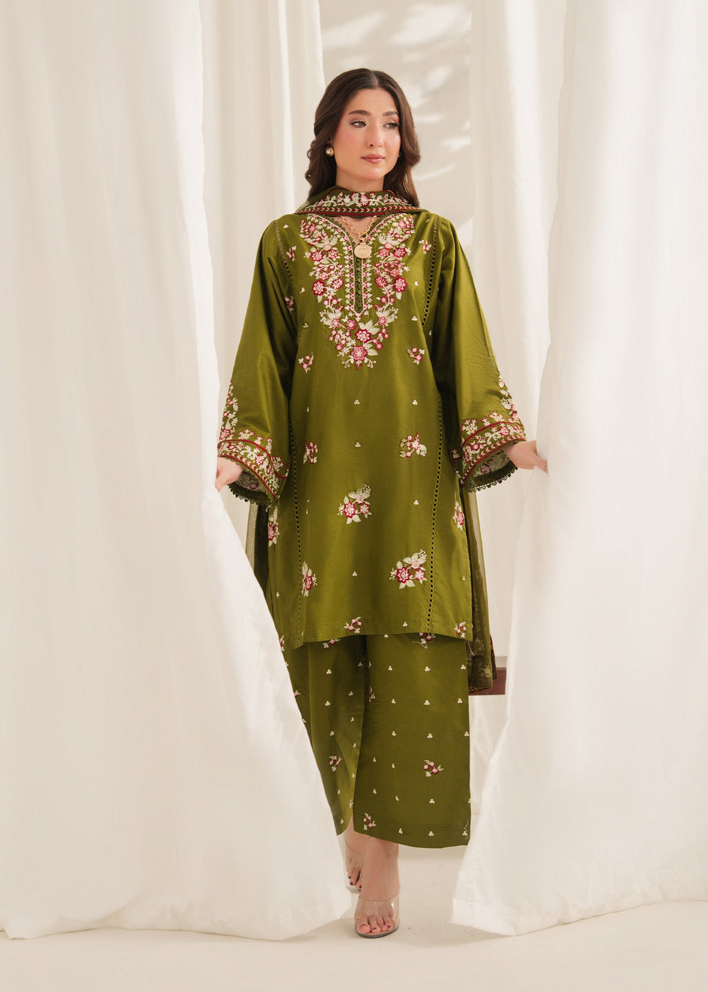 Anarkali Embroidered 3PC | Olive Green Festive Lawn Set with Chiffon Dupatta
