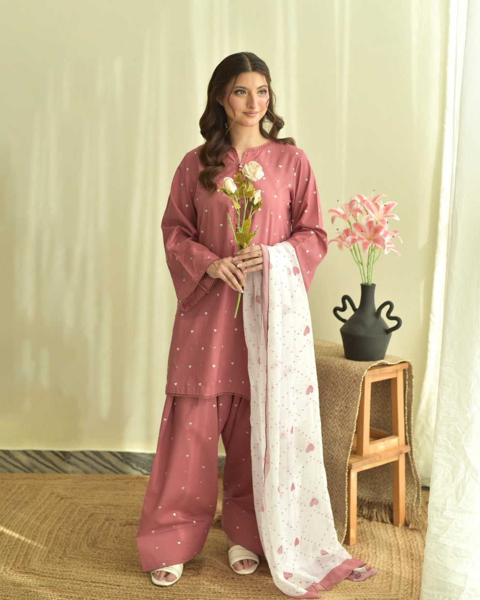 Dilara 3PC | Tea Rose Pink Embroidered Lawn Kurta with Farshi Shalwar & Chiffon Dupatta