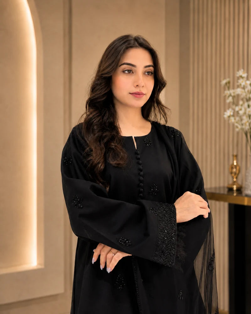 Shab-e-Noor - Black 3 Piece Stitched Suit with black Sequence Work | Luxury Pret