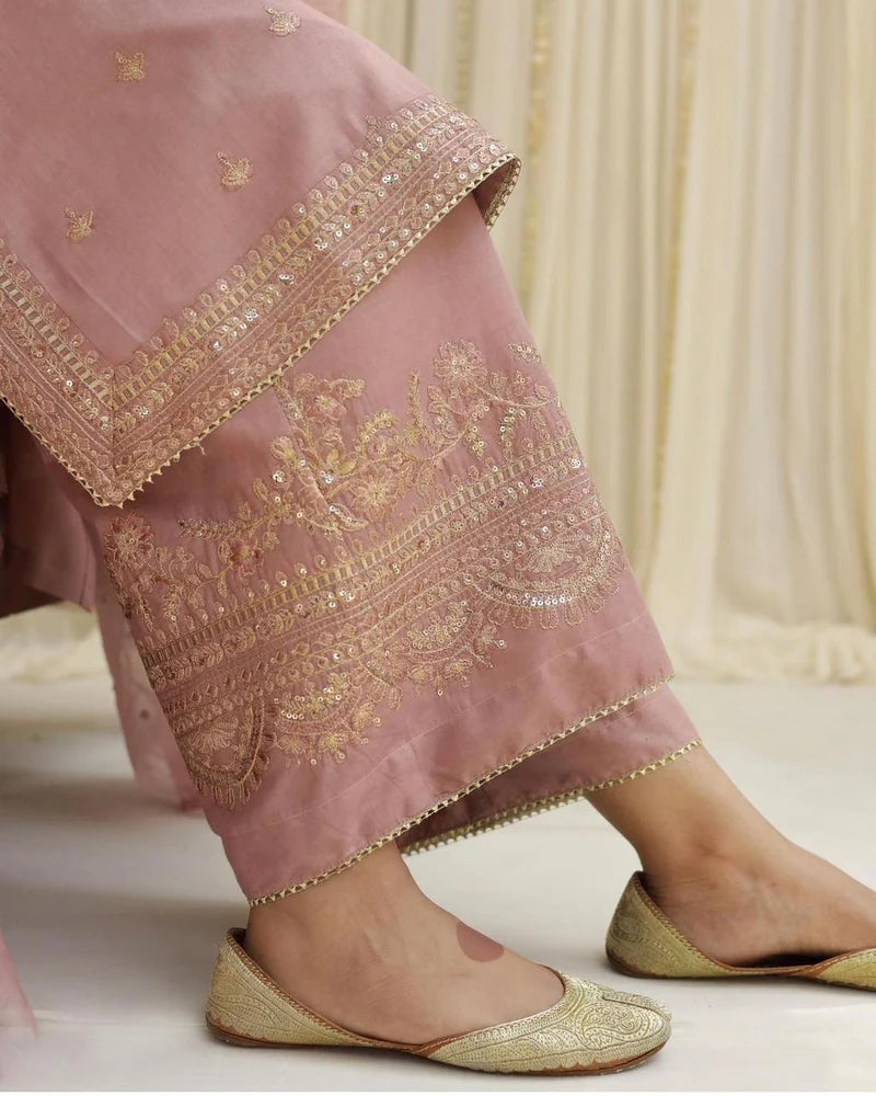 Rosy Vintage Pink Lawn Suit | Golden Sequin 3 Piece Dress