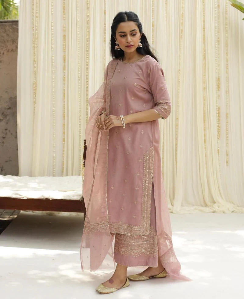 Rosy Vintage Pink Lawn Suit | Golden Sequin 3 Piece Dress