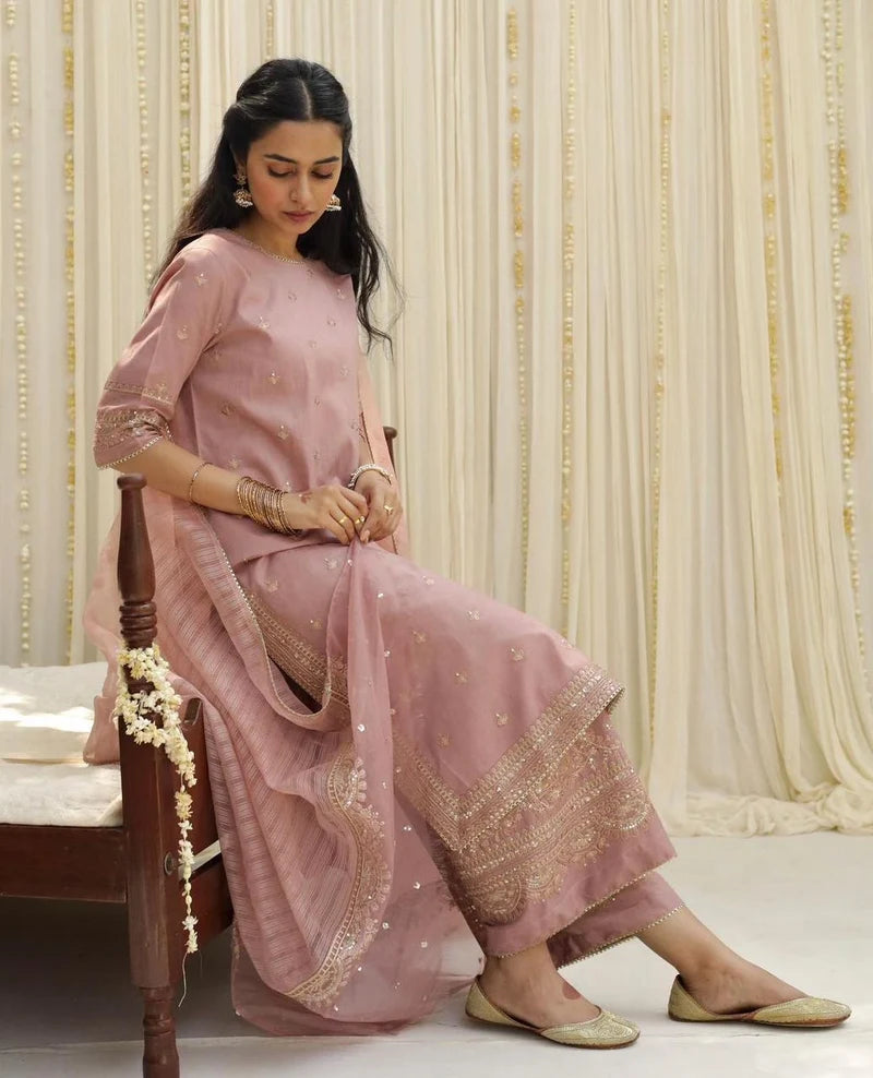 Rosy Vintage Pink Lawn Suit | Golden Sequin 3 Piece Dress
