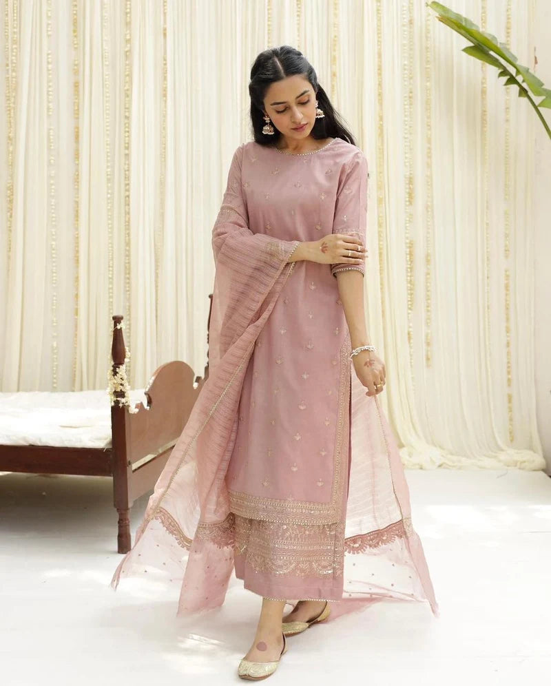 Rosy Vintage Pink Lawn Suit | Golden Sequin 3 Piece Dress