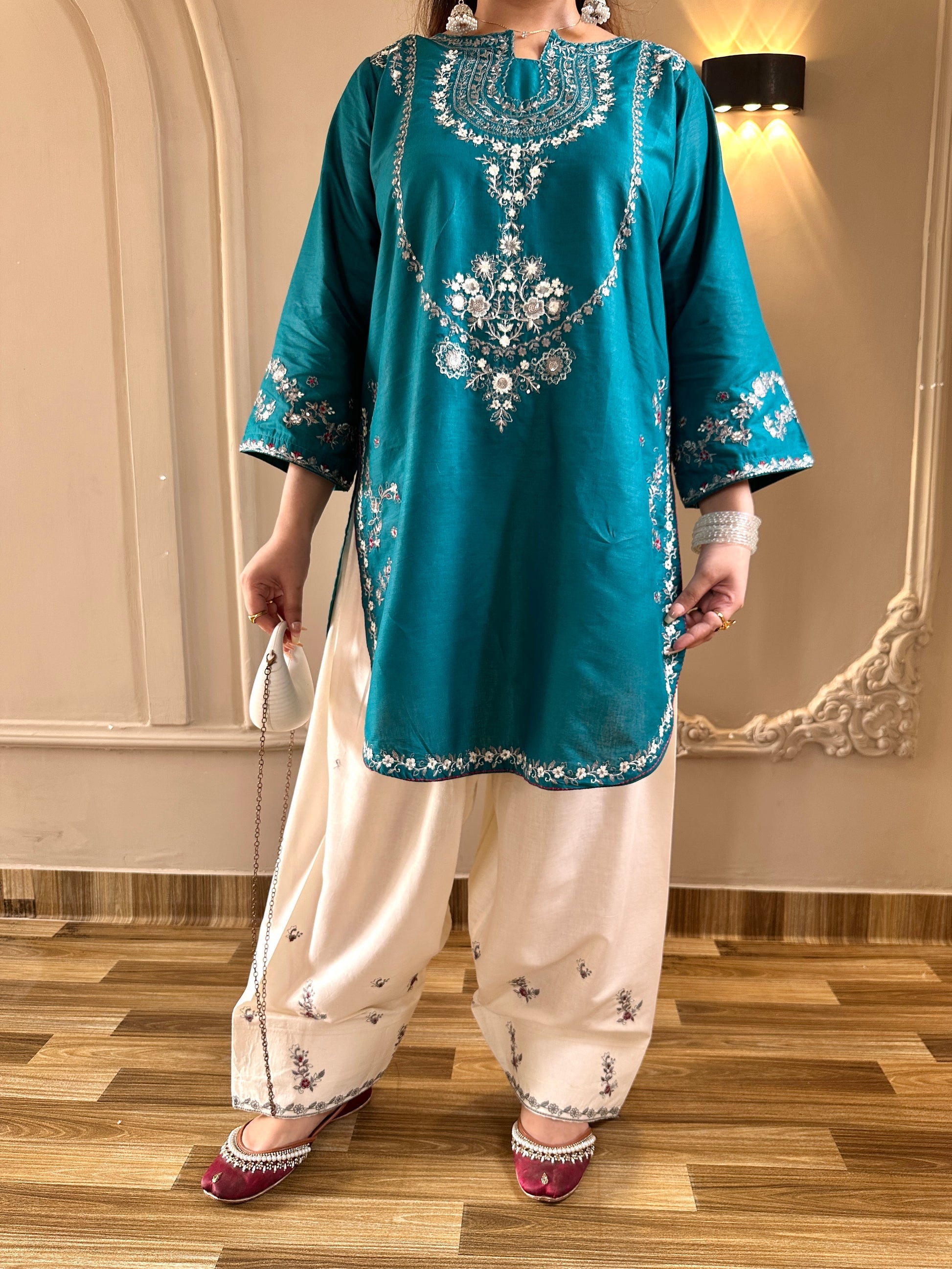Zirwa 2PC | Pine Green Embroidered Lawn Kurta with Farshi Shalwar