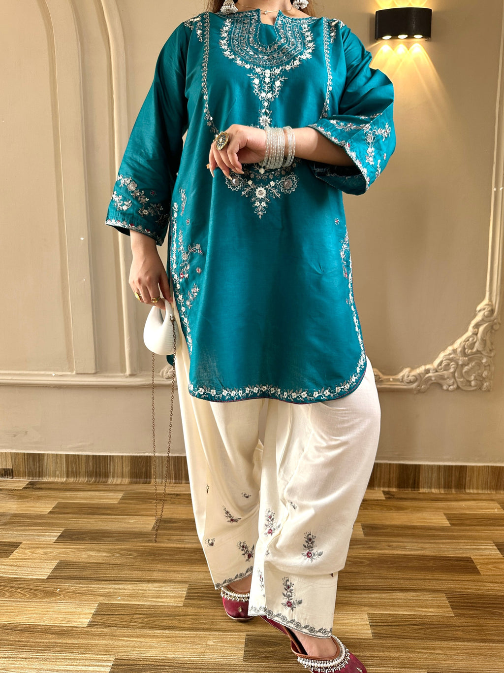 Zirwa 2PC | Pine Green Embroidered Lawn Kurta with Farshi Shalwar