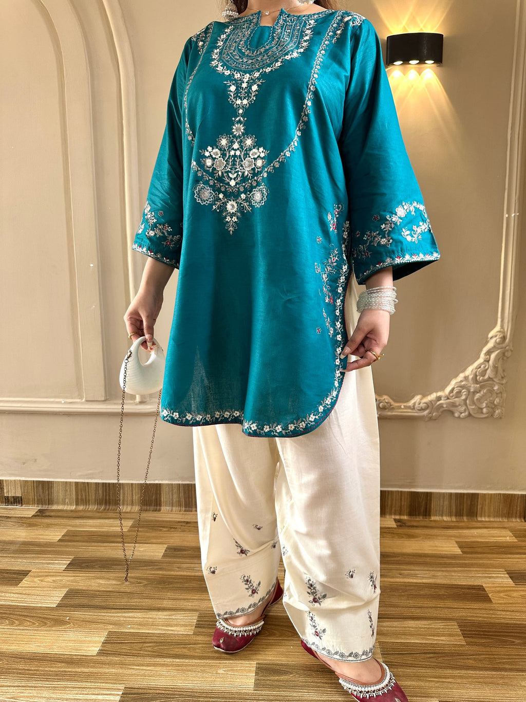 Zirwa 2PC | Pine Green Embroidered Lawn Kurta with Farshi Shalwar