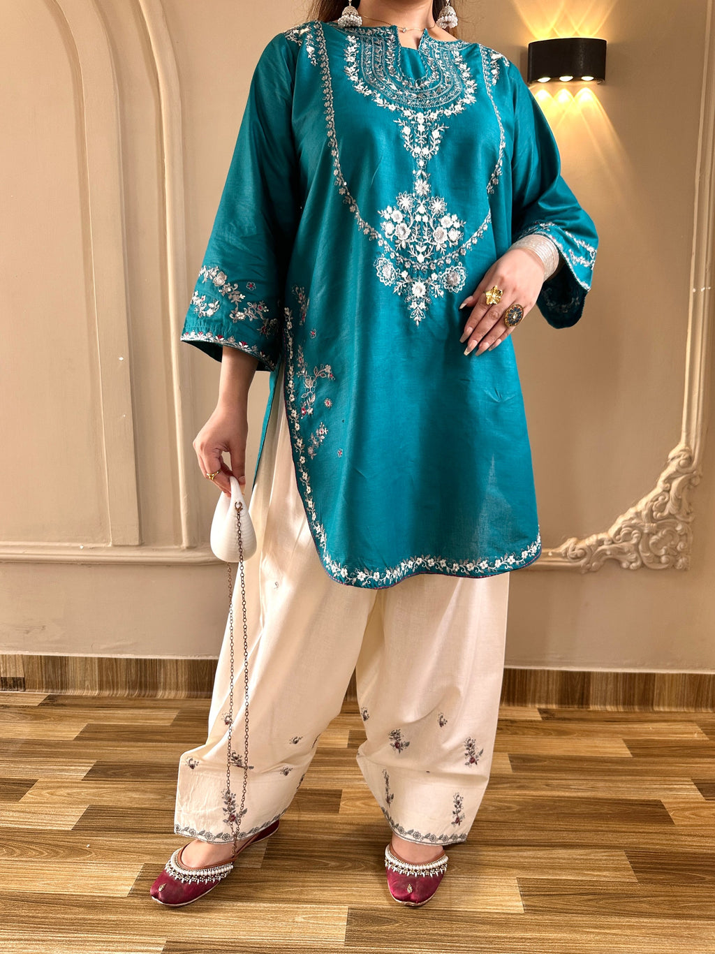 Zirwa 2PC | Pine Green Embroidered Lawn Kurta with Farshi Shalwar
