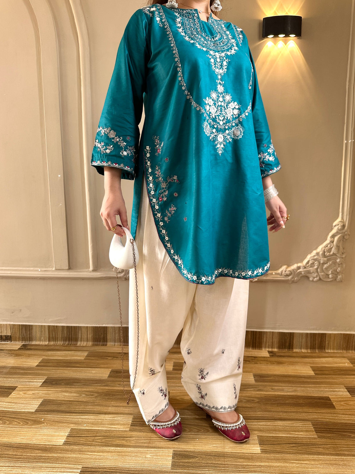 Zirwa 2PC | Pine Green Embroidered Lawn Kurta with Farshi Shalwar