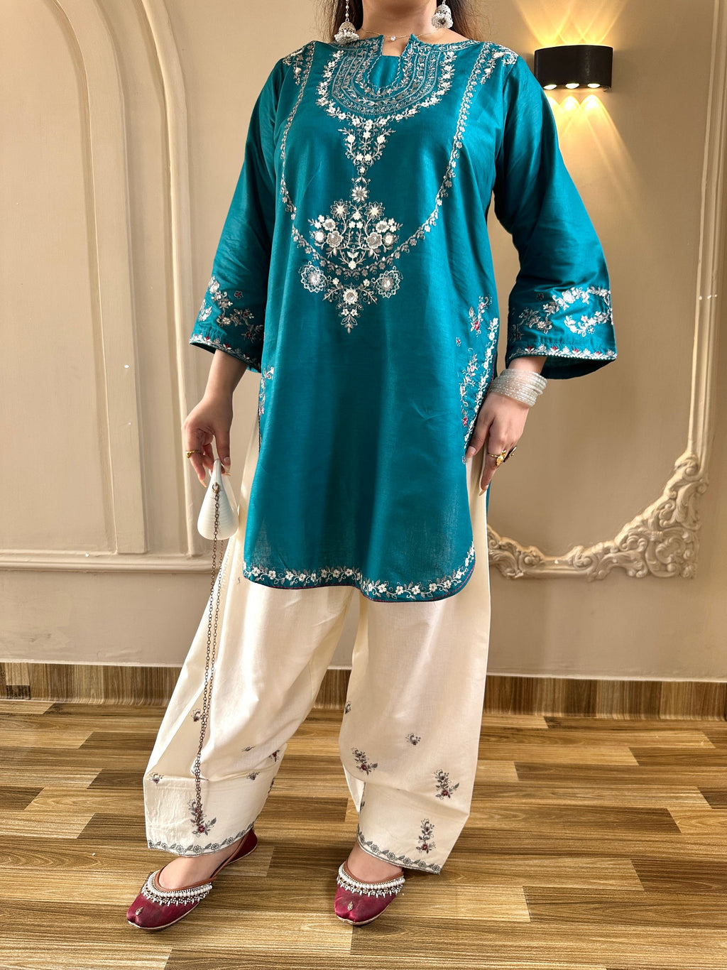 Zirwa 2PC | Pine Green Embroidered Lawn Kurta with Farshi Shalwar