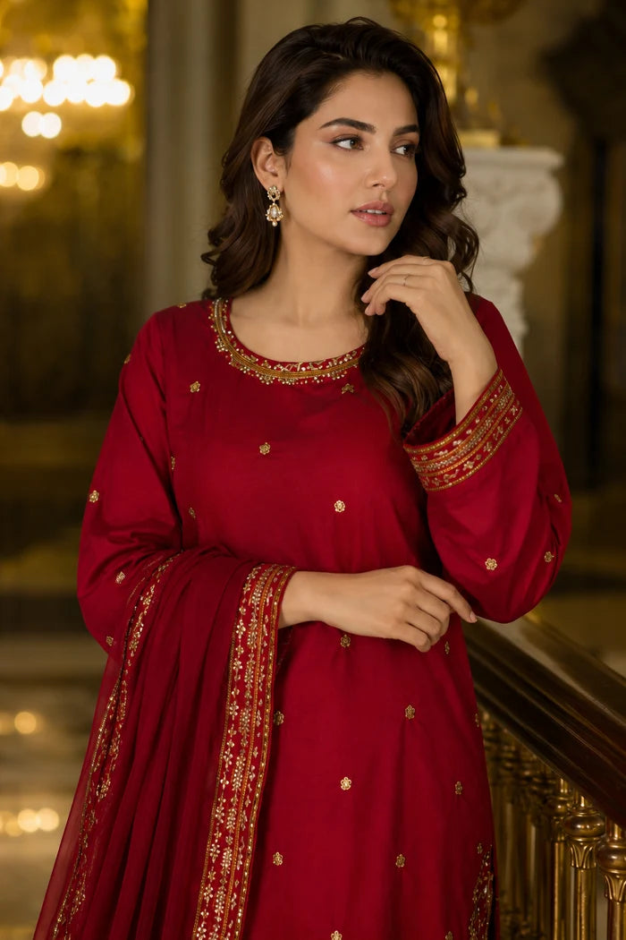 MAROON Elara Embroidered Suit – Maroon Lawn 3 Piece