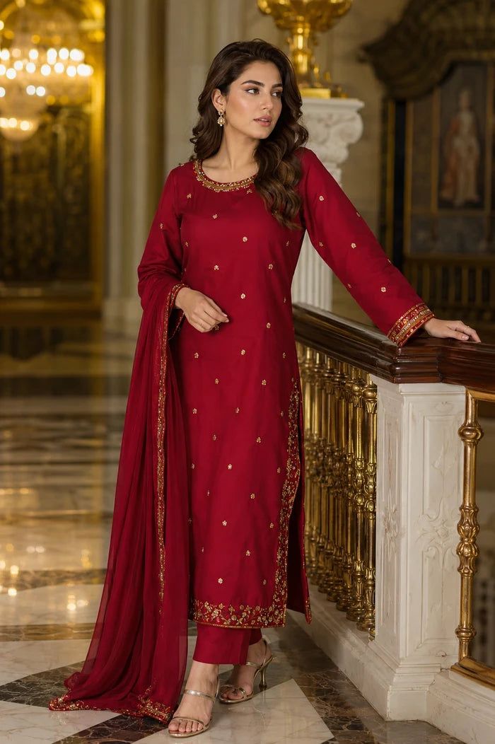 MAROON Elara Embroidered Suit – Maroon Lawn 3 Piece