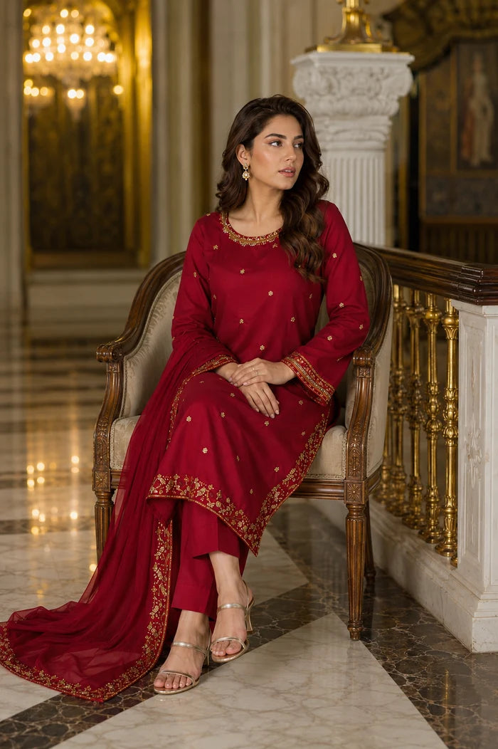 MAROON Elara Embroidered Suit – Maroon Lawn 3 Piece