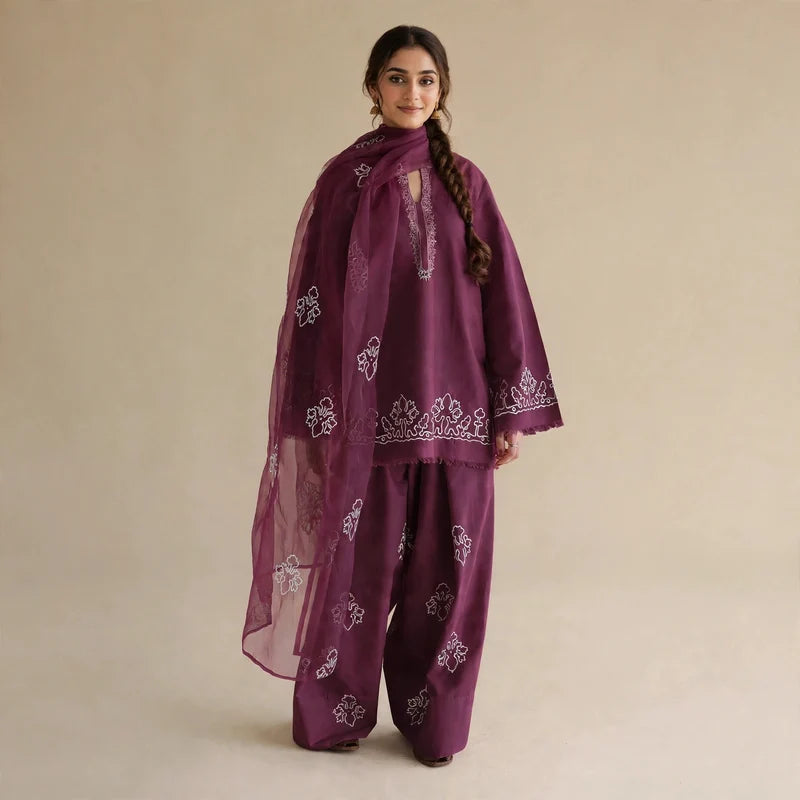 Plum Berry- Embroided 3 pieces suit for women