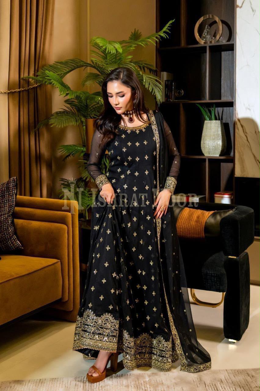 #MFC7384 Black Embroidered Chiffon Long Maxi (Size M/L)