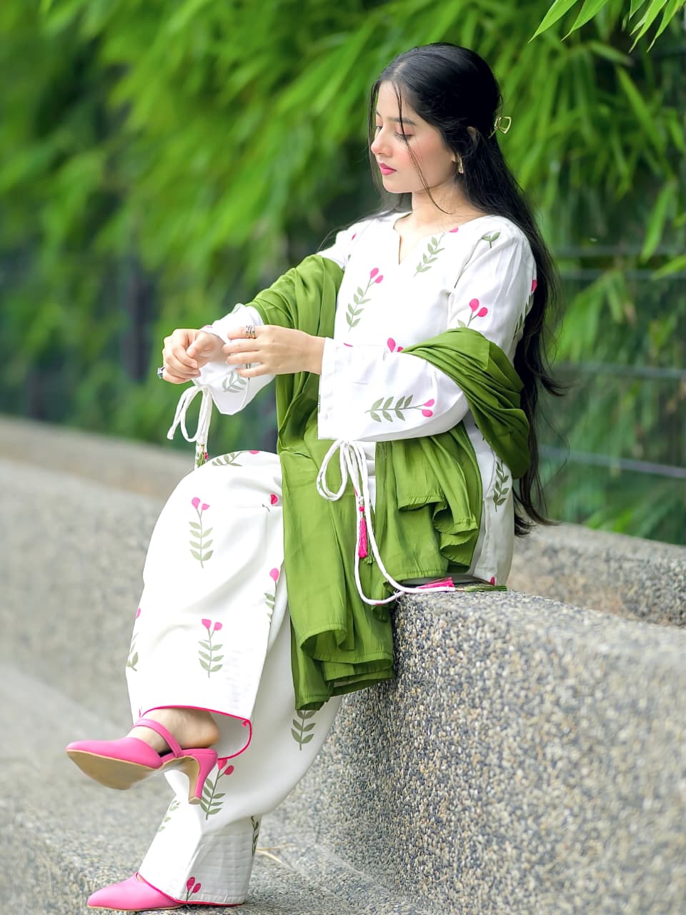 Aroosh 3PC | Yellow Green Embroidered Lawn Kurta with Farshi Shalwar & Chiffon Dupatta