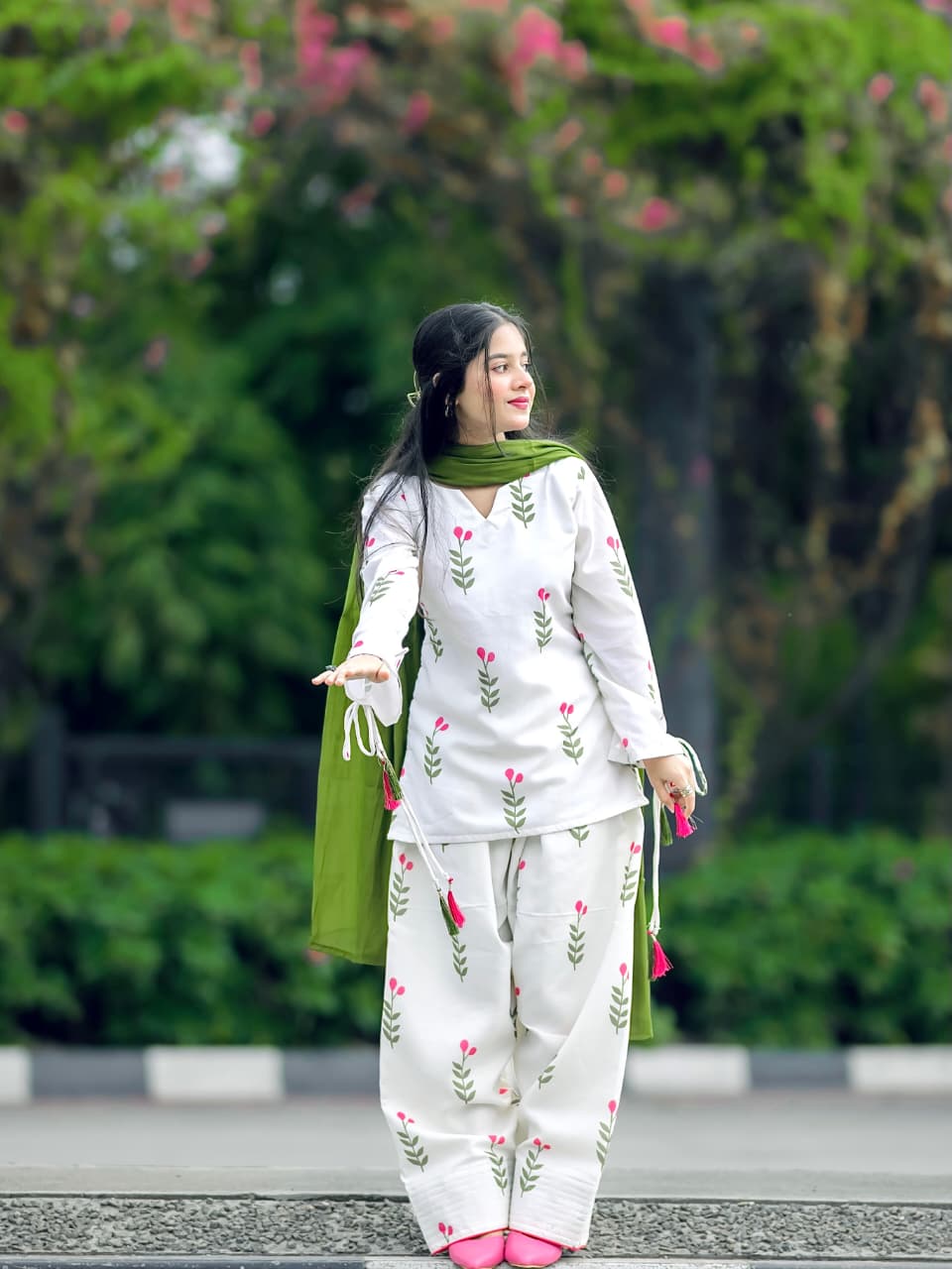 Aroosh 3PC | Yellow Green Embroidered Lawn Kurta with Farshi Shalwar & Chiffon Dupatta