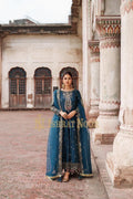 Teal Blue Silver Threadwork Formal Maxi – Silk 3-Piece