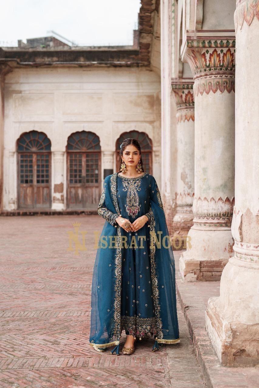Teal Blue Silver Threadwork Formal Maxi – Silk 3-Piece