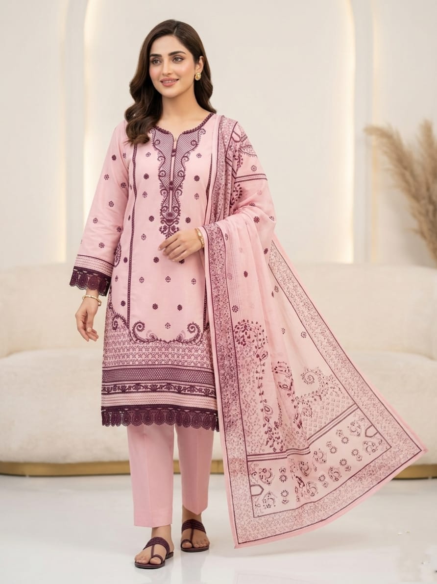 #EFM0435 Stylish light Pink Lawn 3 Piece Suit
