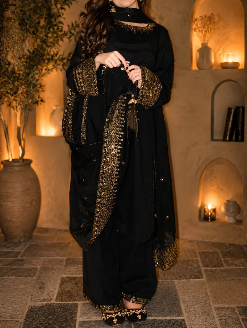 Black Pearl Lawn Suit | Tila Sequin Embroidered 3 Piece with Chiffon Dupatta