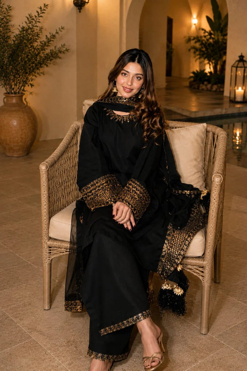 Black Pearl Lawn Suit | Tila Sequin Embroidered 3 Piece with Chiffon Dupatta