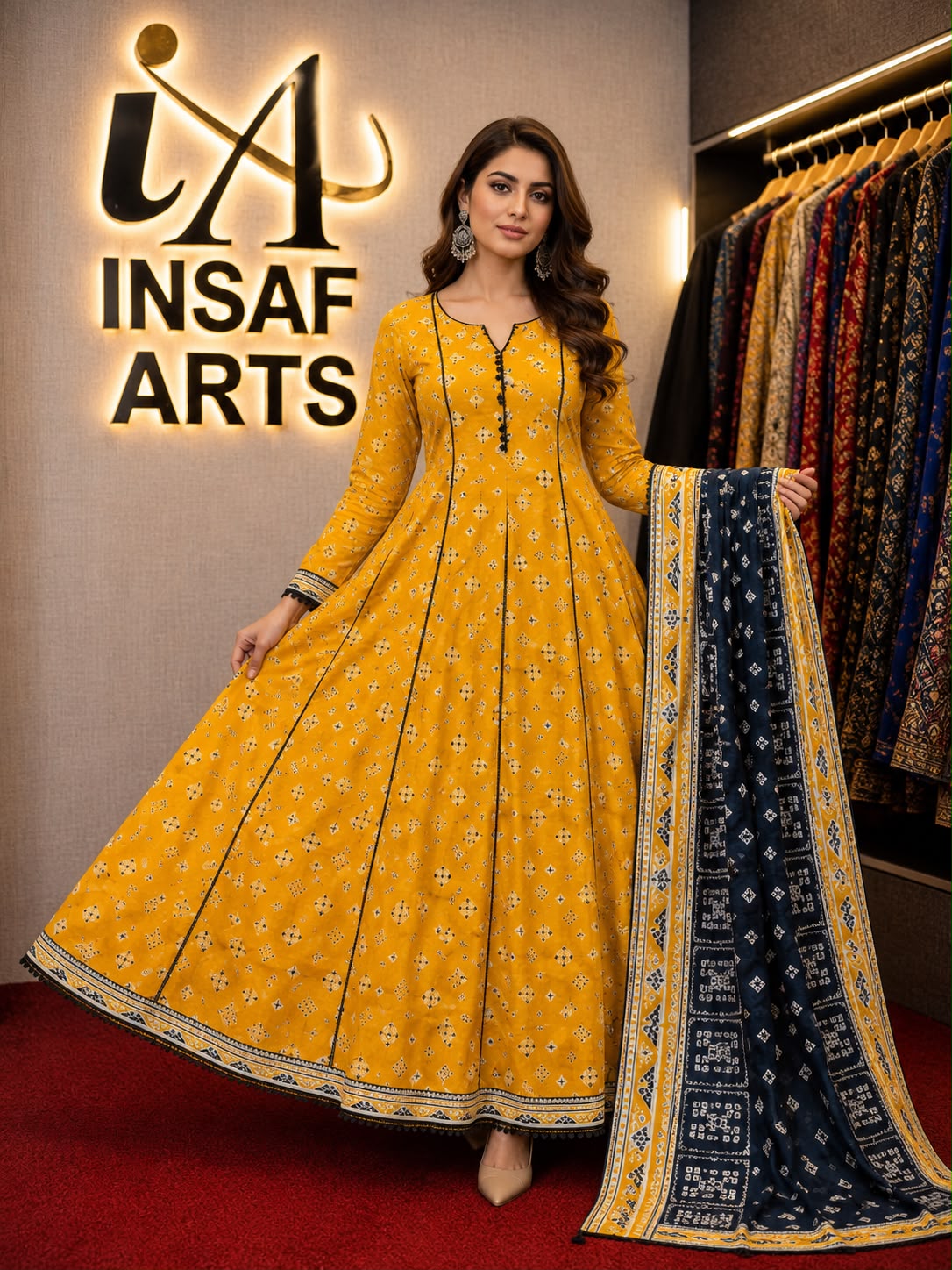 #PLh8567 Premium Mustard  lawn Frock 3 piece