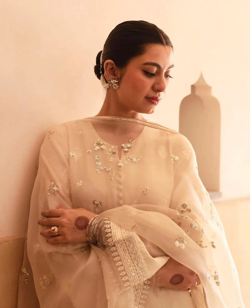 Noor-e-Eid Ivory Dress | Sequin Lace Trouser Festive Suit