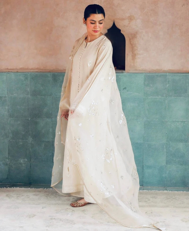 Noor-e-Eid Ivory Dress | Sequin Lace Trouser Festive Suit