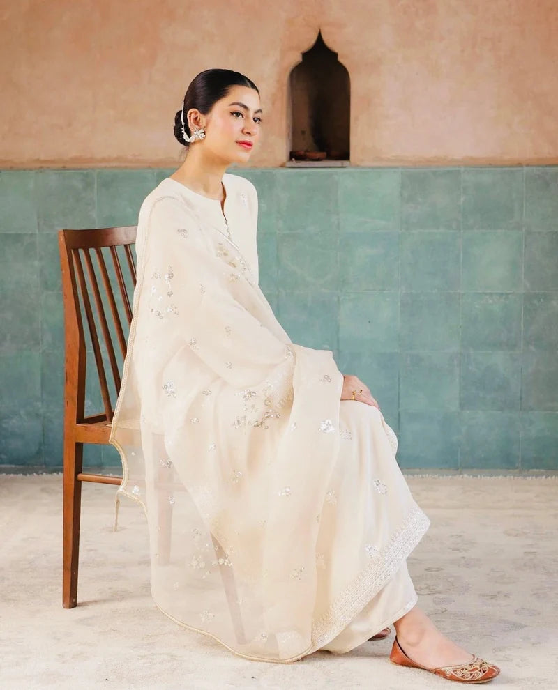 Noor-e-Eid Ivory Dress | Sequin Lace Trouser Festive Suit