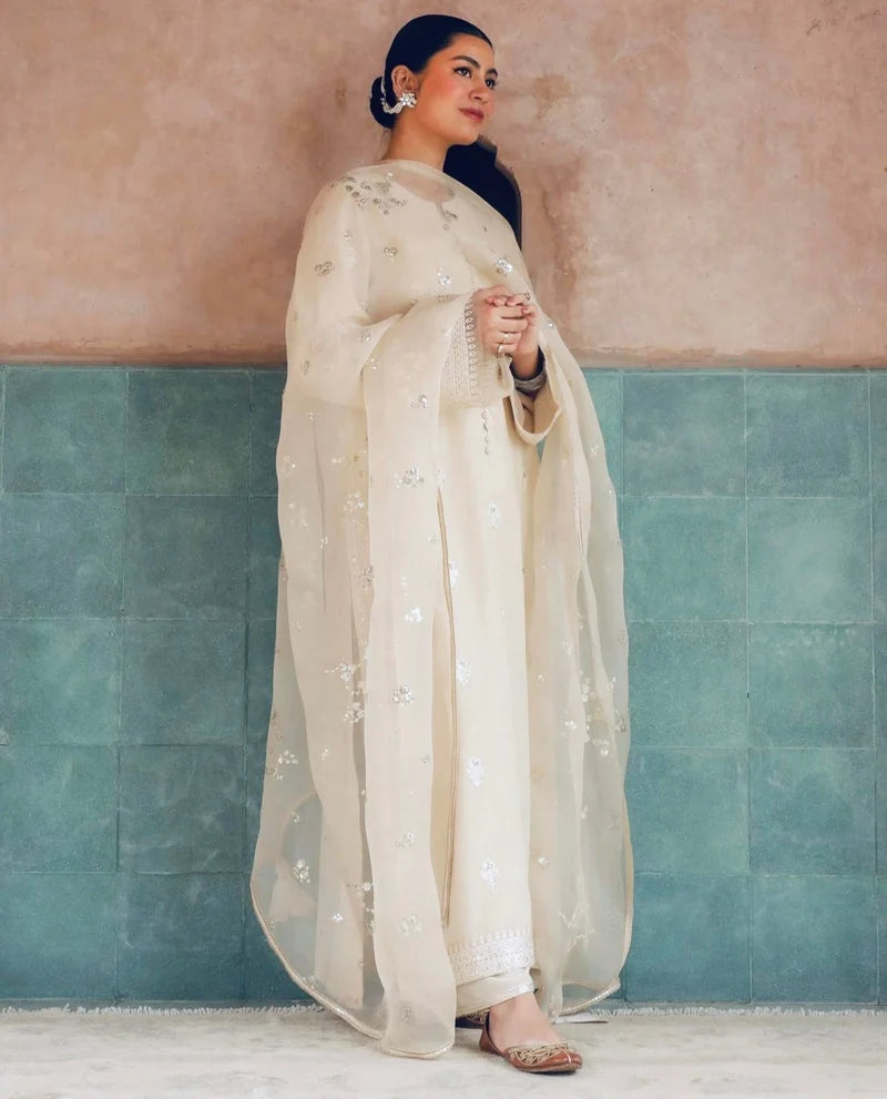 Noor-e-Eid Ivory Dress | Sequin Lace Trouser Festive Suit