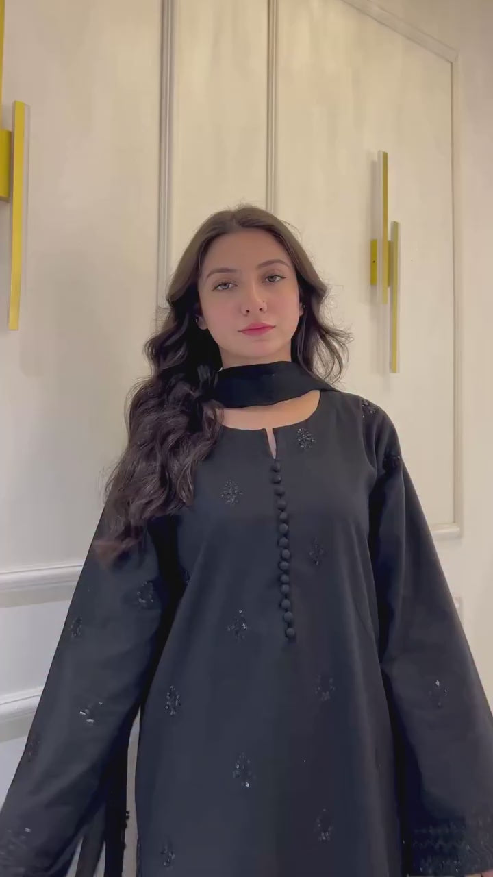 Shab-e-Noor - Black 3 Piece Stitched Suit with black Sequence Work | Luxury Pret